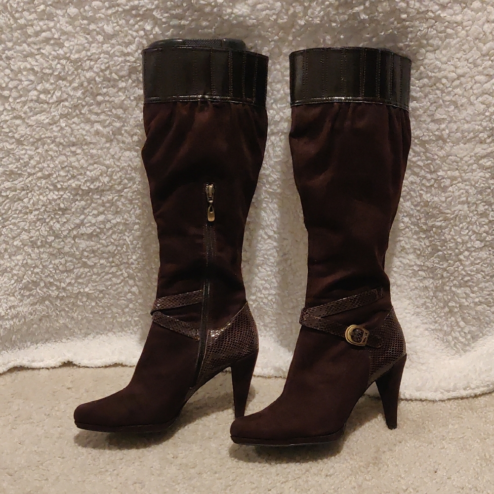 Tahari Brown Suede & Leather Heeled Knee Boots
